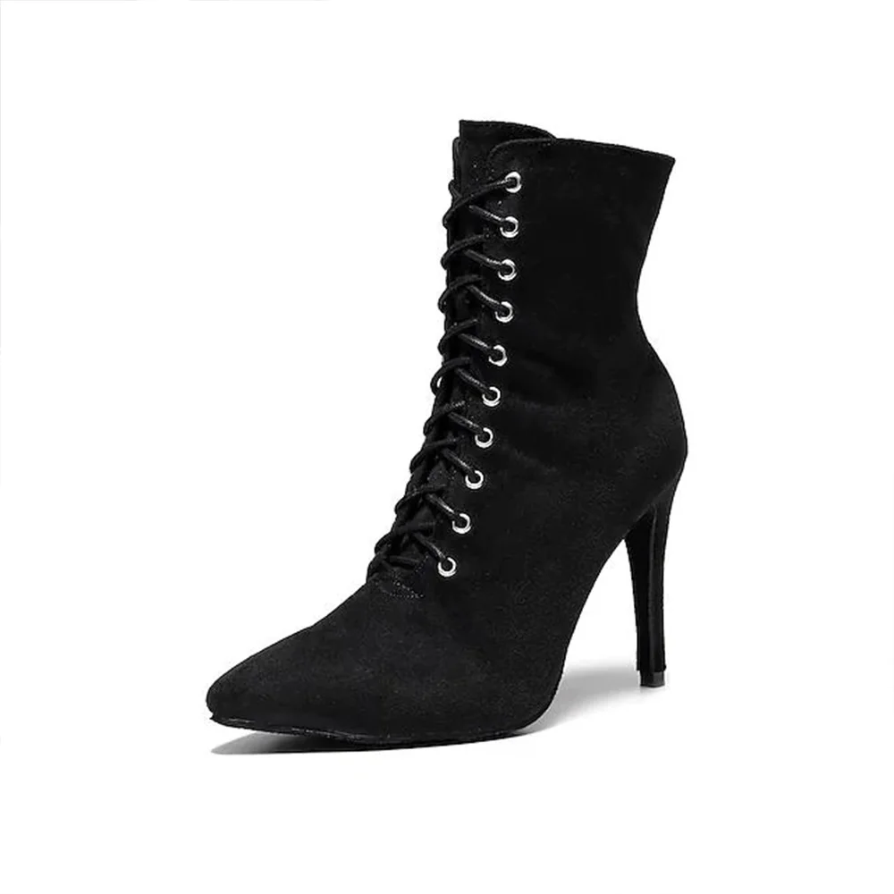 2022 New Ankle Boots Women Pointed Toe Stiletto Heels Fashion lace up Ladies luxury Black Evening Party Shoes  Free Shipping