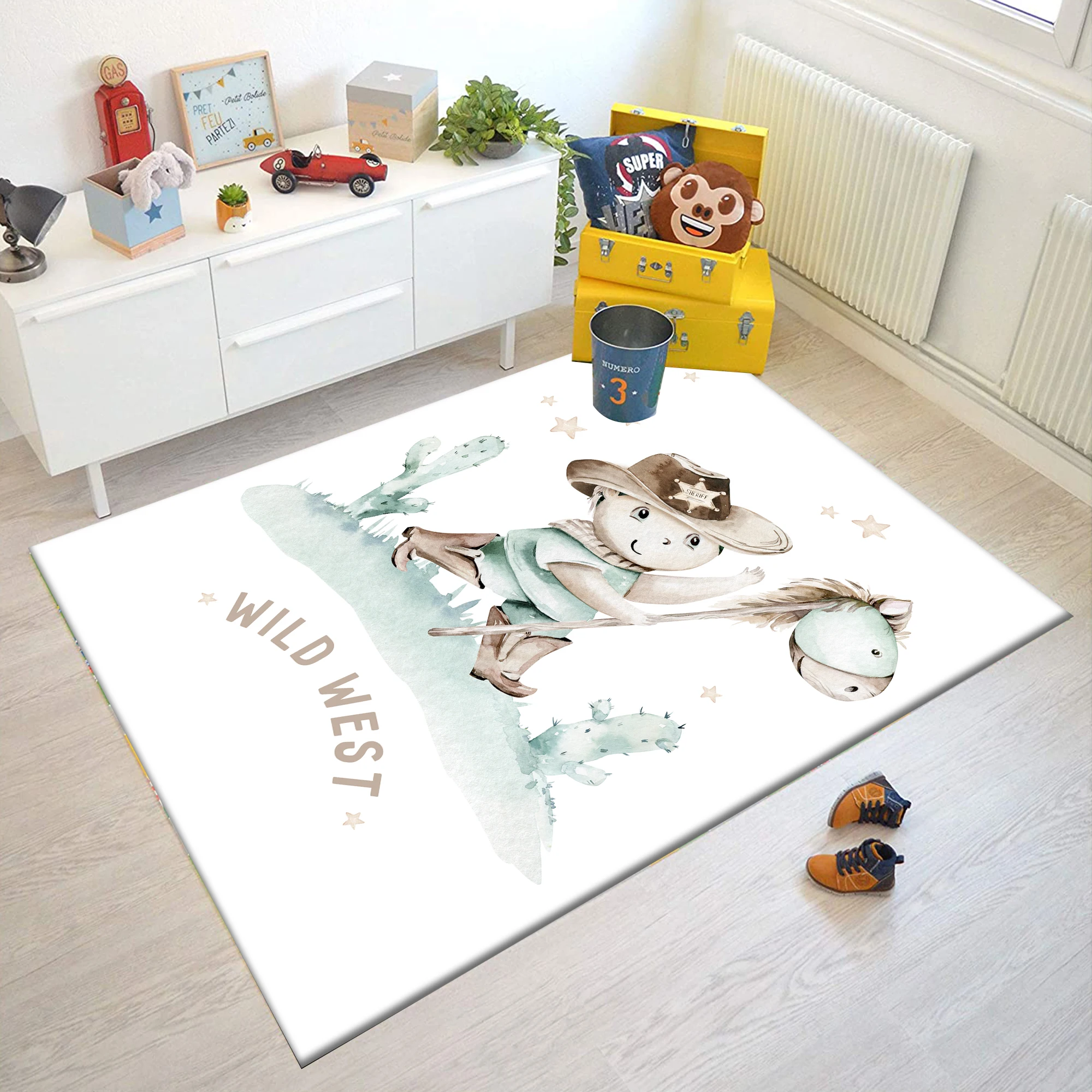 

Else Little Cowboy on Toy Horses Wild West 3d Print Anti Slip Microfiber Children Baby Kids Room Decorative Area Rug Mat Carpet