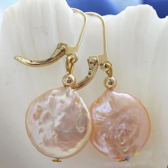 

Unique Design 14mm Pink Coin Freshwater Pearls Dangle Earrings Handmade Fine Jewelry Birthday Party Chirstmas Lady's Gift