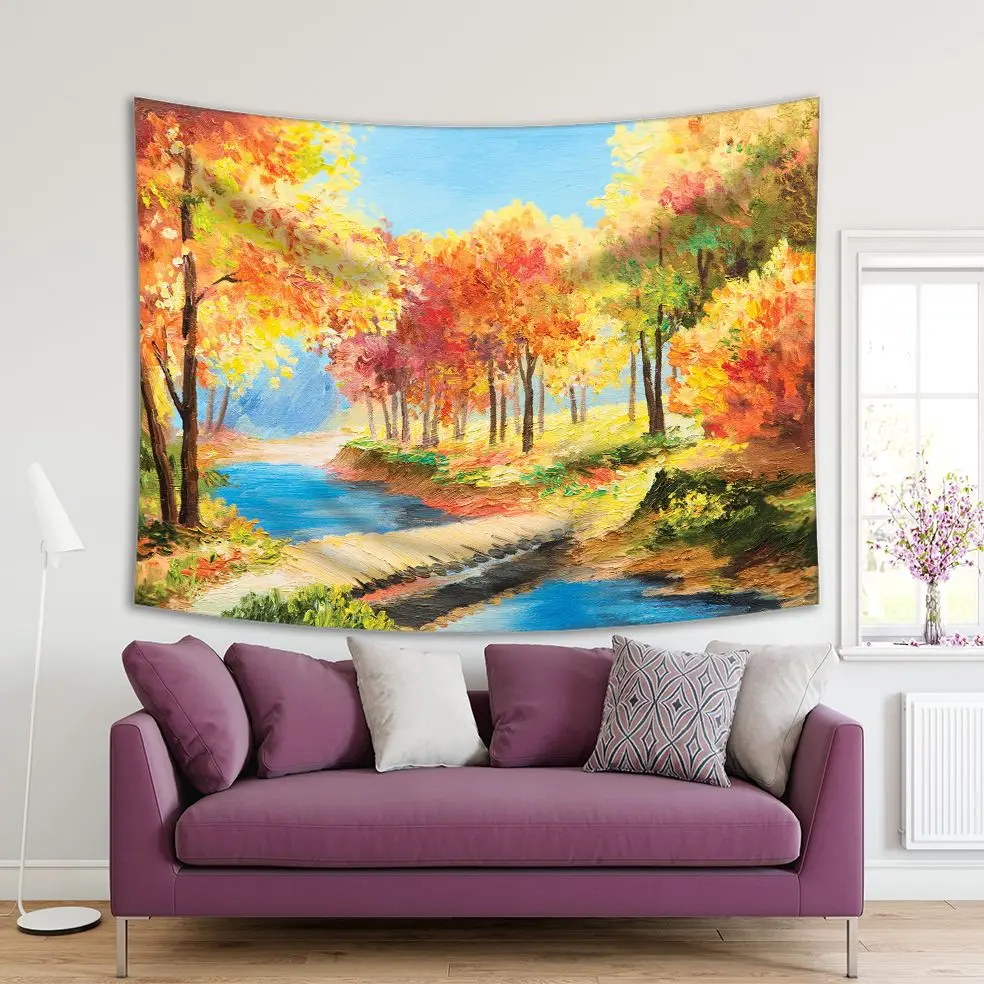 

Tapestry Colorful Autumn Forest River Countryside Nature Landscape in Blue Green Yellow Red Oil Painting Art Printed