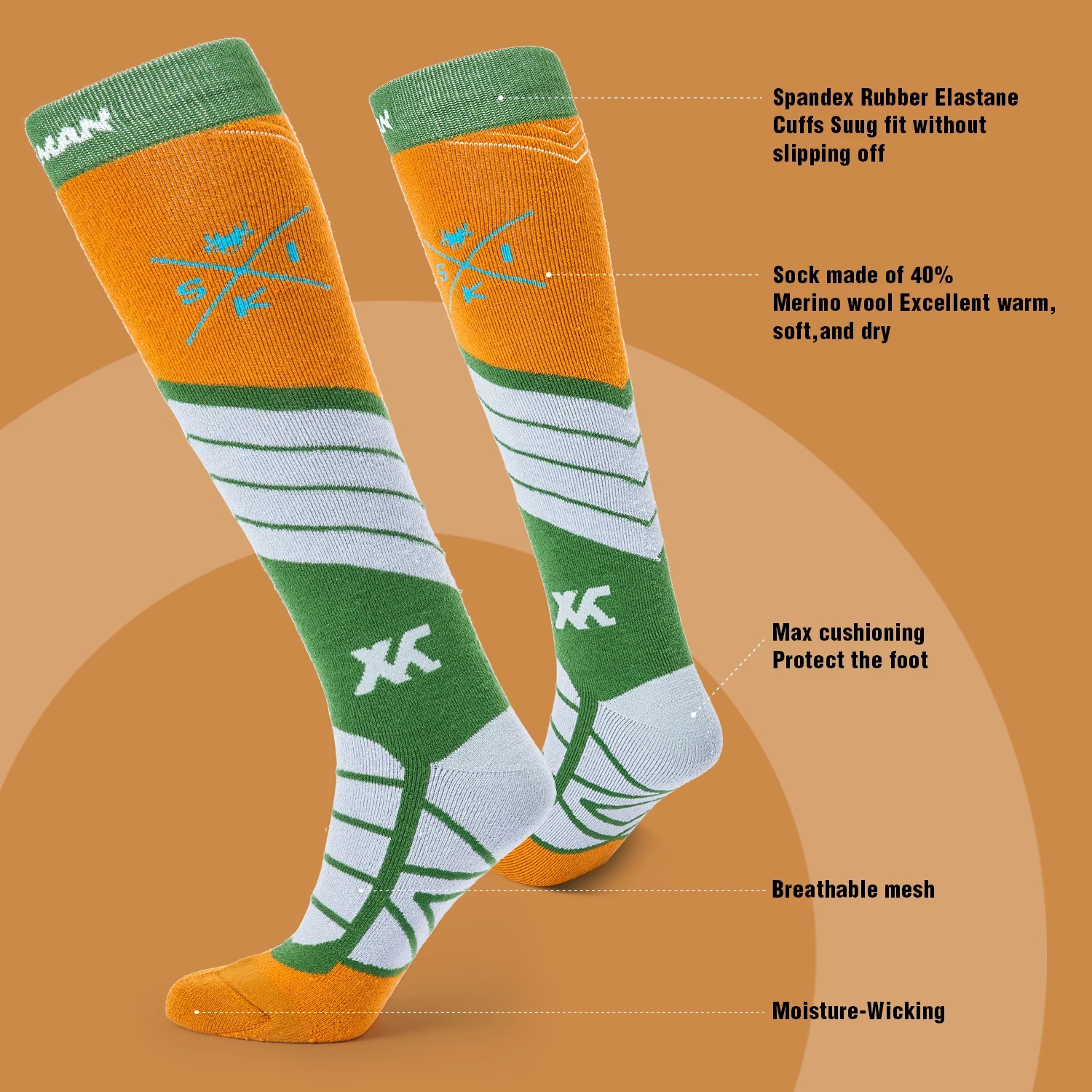 Носки XCMAN Лыжные 2 пары в упаковке теплые носки из мериносовой шерсти для катания