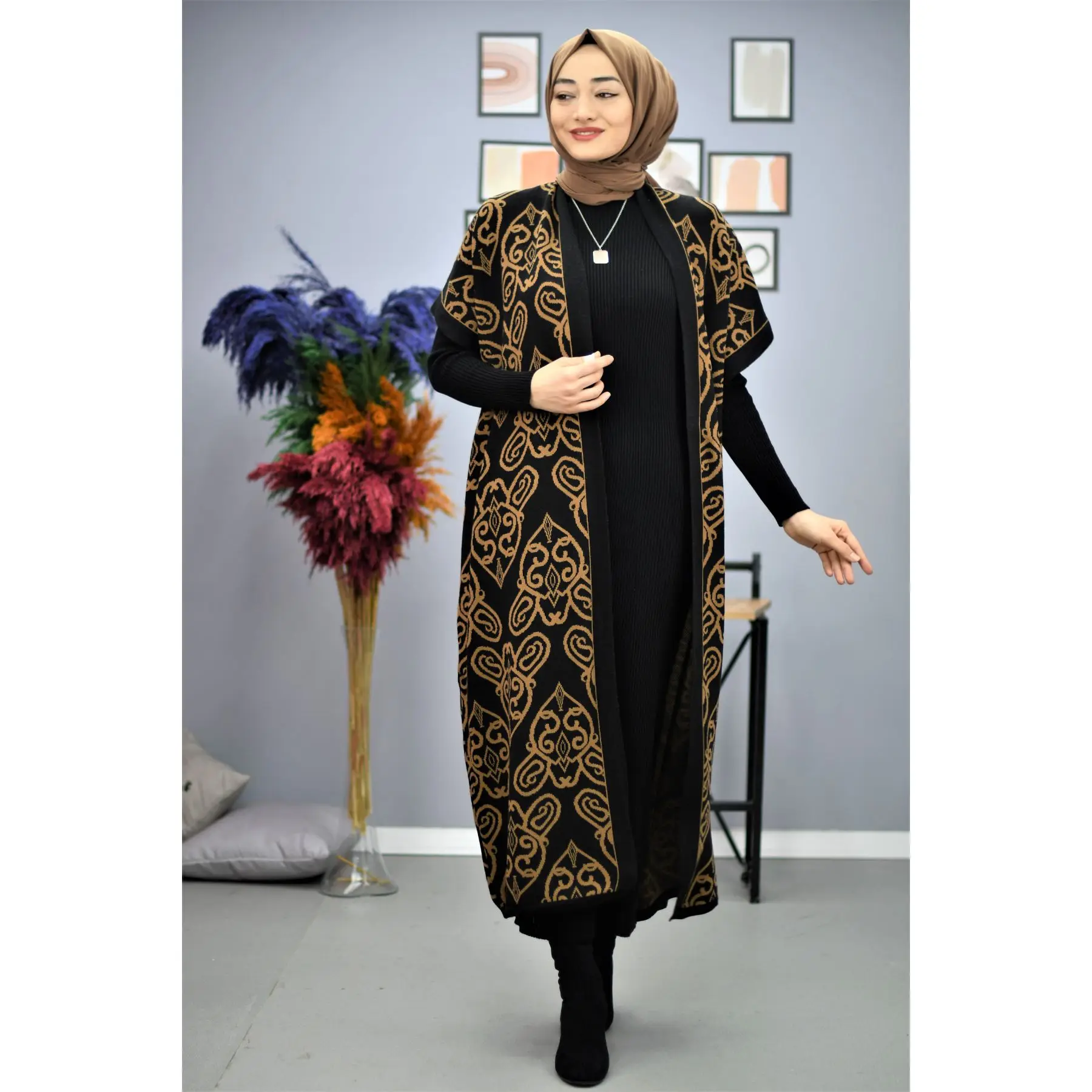 Iki parçalı müslüman setleri Maxi elbise ve soyut desen hırka Abaya takımı mütevazı İslam giyim seti başörtüsü türk elbiseler Dubai