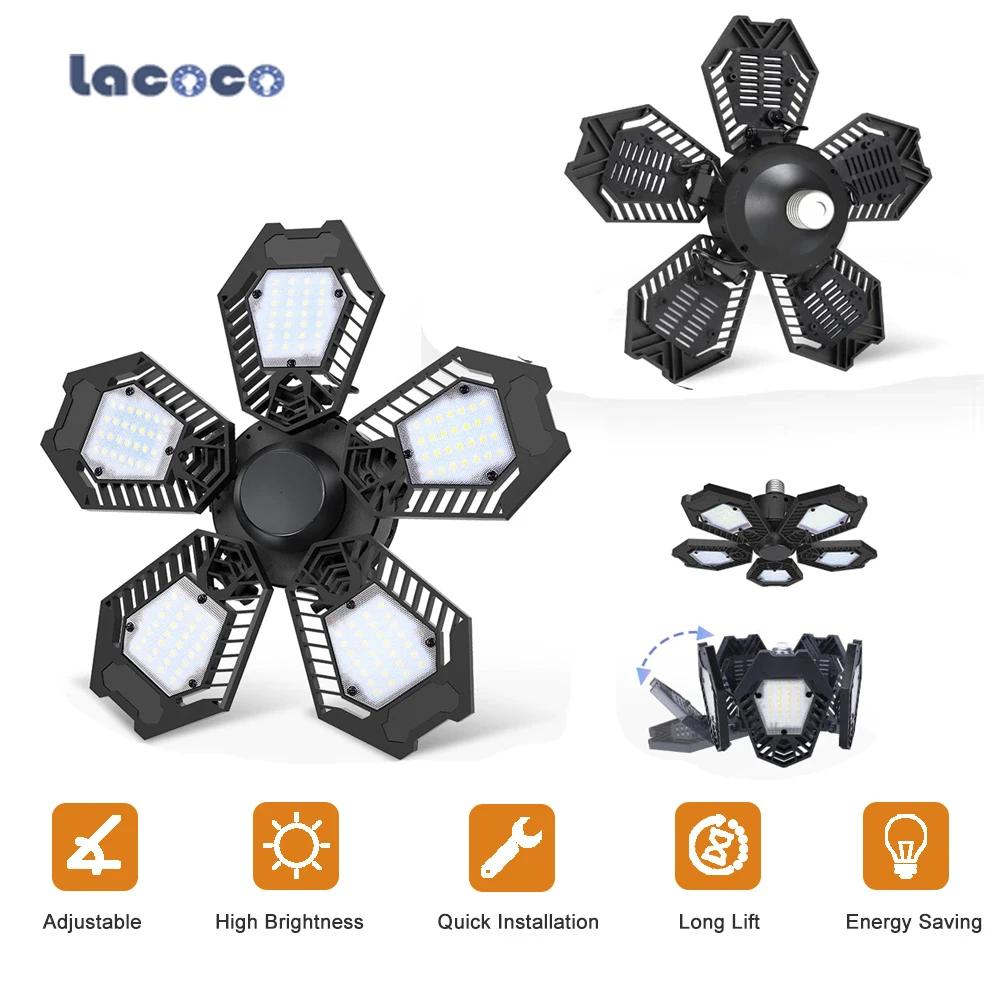 

150W LED Garage Light Motion Sensor Ceiling Lamp E27 Warehouse Workshop Foldable Industrial Ligtht 5Leaf Deformation Panels Lamp