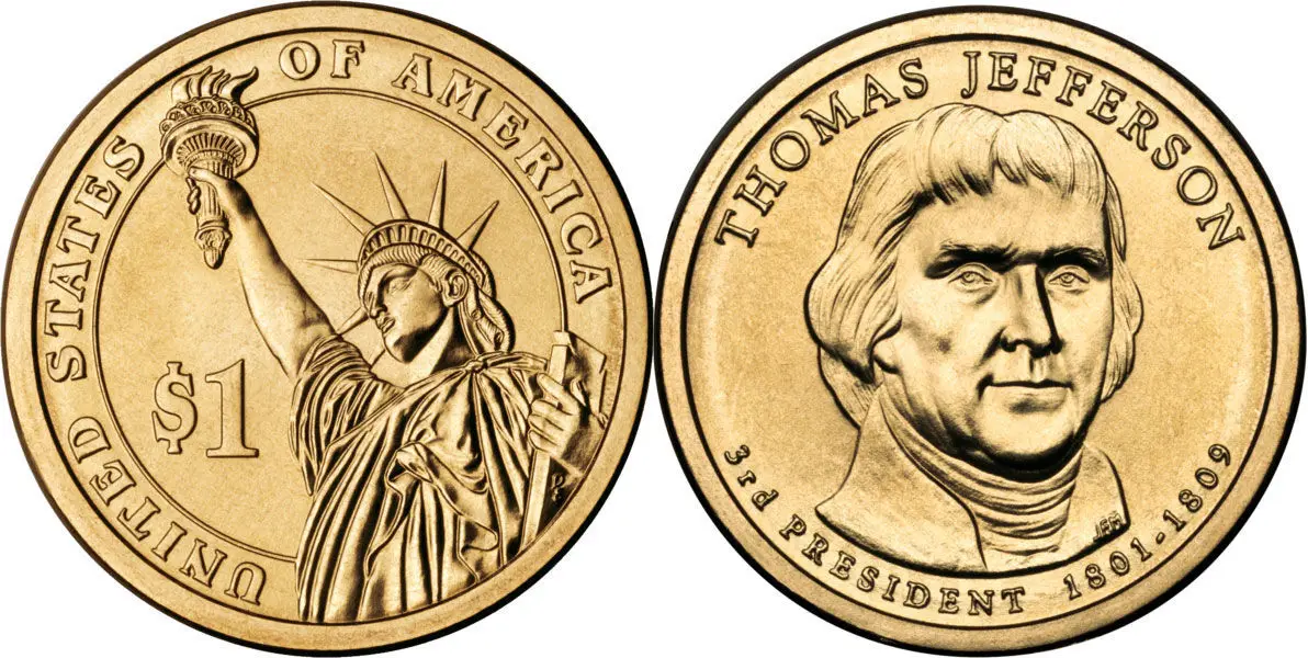 1 доллар 3-й президент США Томас Джефферсон 2007 год | Дом и сад