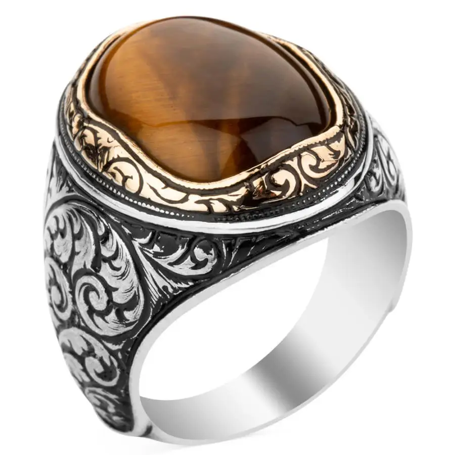 

Мужское серебряное кольцо с замысловатой инкрустацией из стерлингового серебра 925 пробы с коричневым камнем в виде тигра модная Турецкая В...