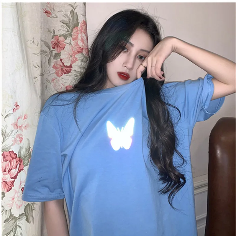 

2021 iFashion Reflective Butterfly Lovers Tees Glowing Butterfly Couples Regular T-shirts For Women Summer Girls Short T-shirt