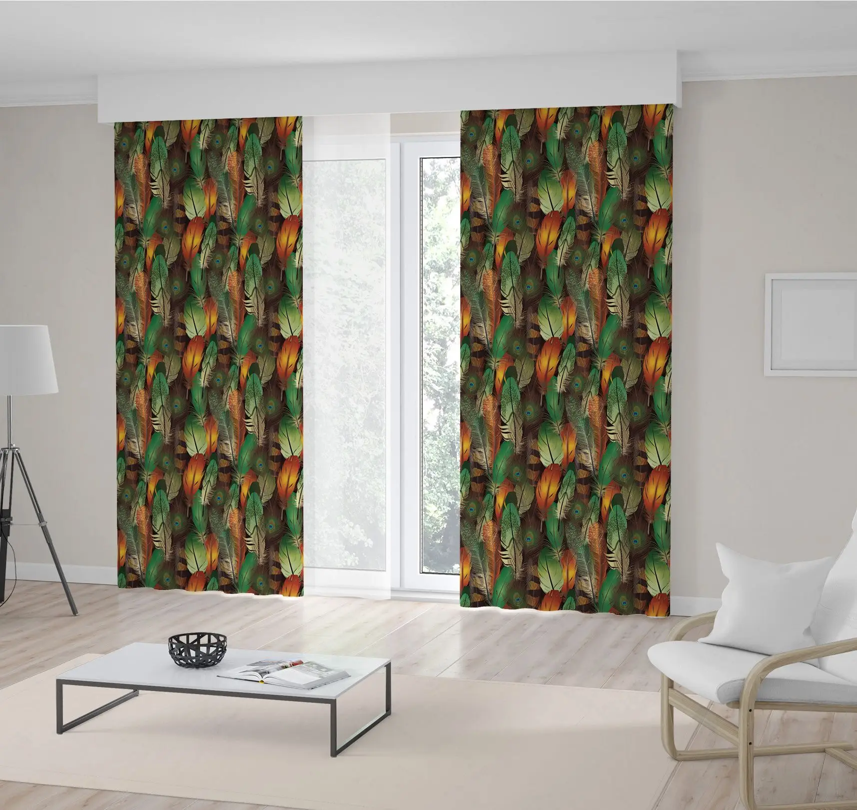 

Curtain Colorful Birds Peacock Feathers Pattern Realistic Illustration in Brown and Green Exotic Nature Theme Artwork
