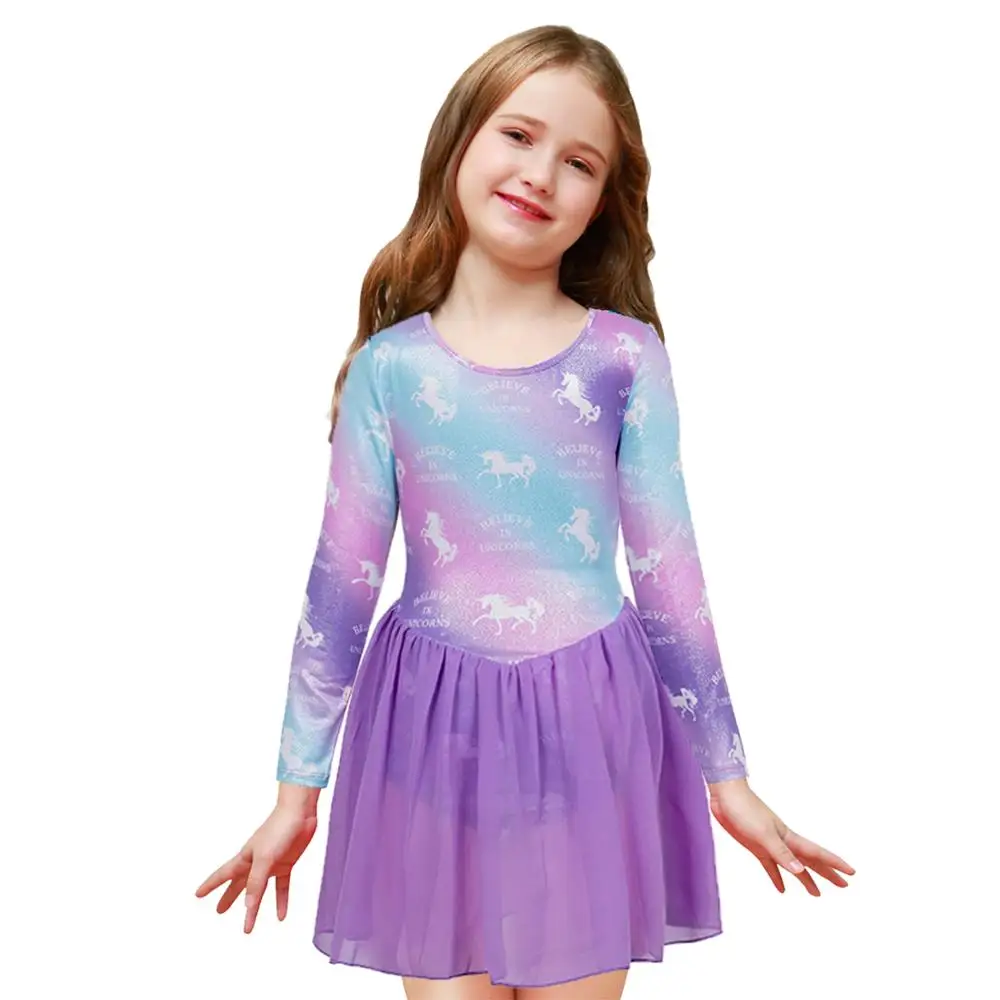 Трико для девочек с длинным рукавом Фиолетовый единорог гимнастический