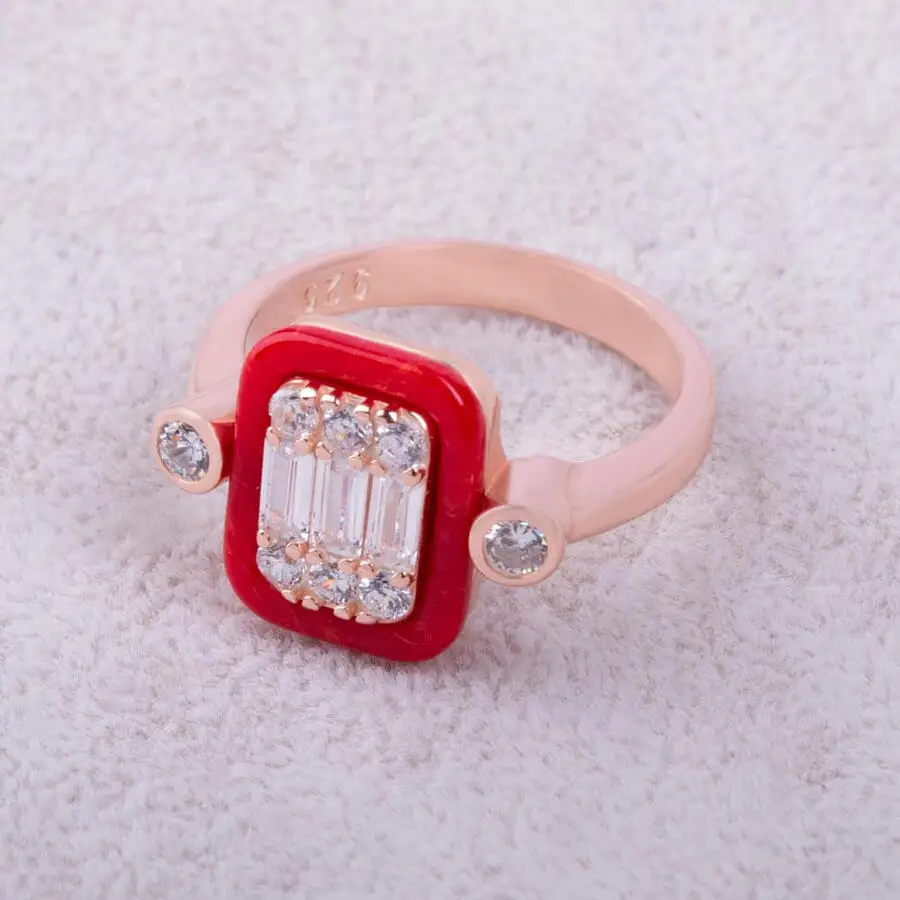 

925 Sterling Silver Square Ladies Ring Rose Color With Red Stone Fashion Turkish Premium Quality Handmade Jawelery