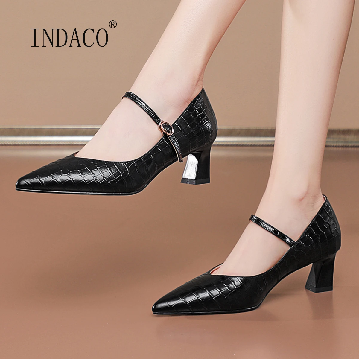 

Fashion Leather Mary Janes Shoes Pointed Toe Thick Heel Shoes 5cm Concise One Buckle Off White Party Shoes Black Small Size 33