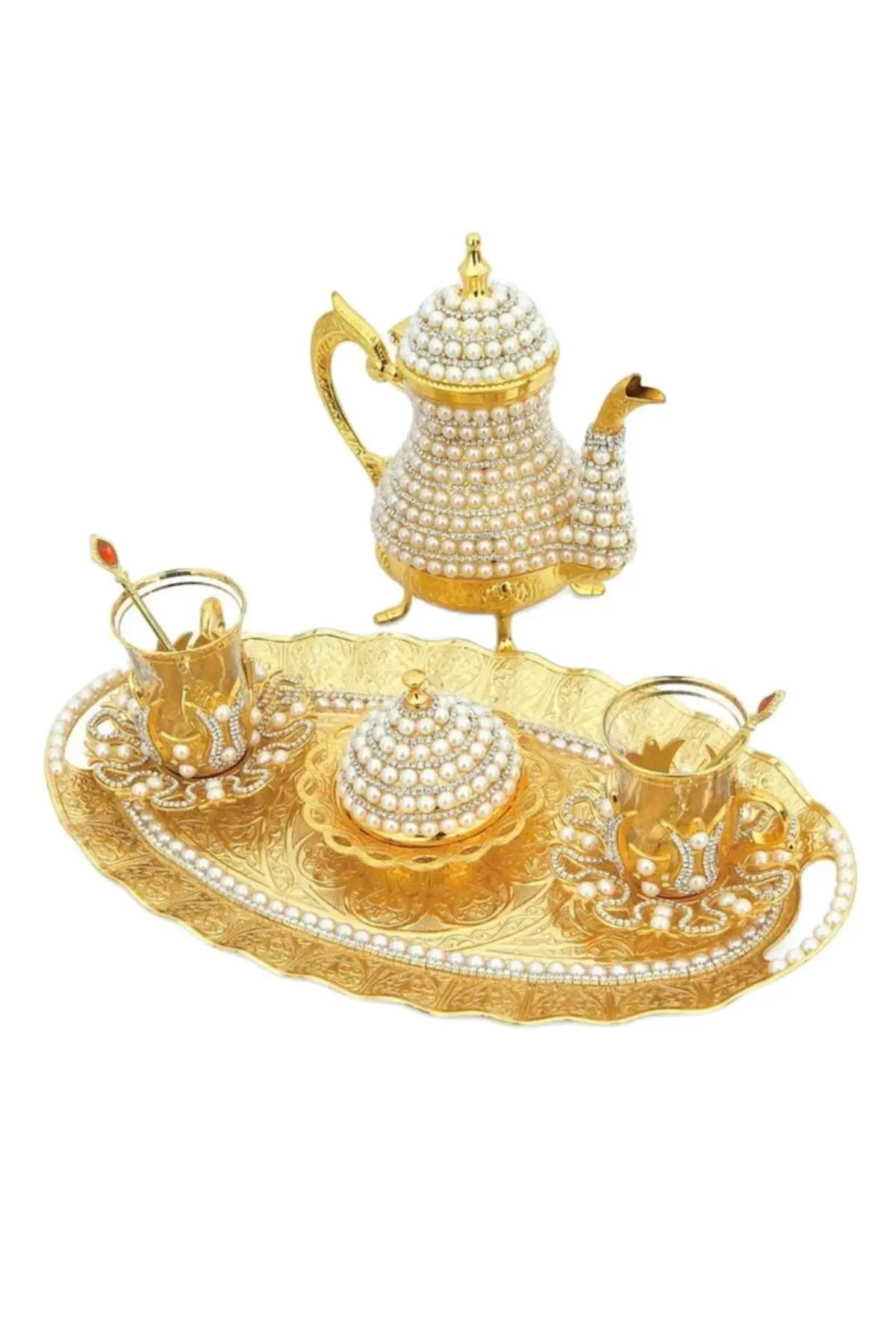 

Luxury Gold Copper Tea Set with Pearl Beads Stones Turkish Ottoman Authentic Design Turkish Greek Arabic Tea Set طقم شاي عربي