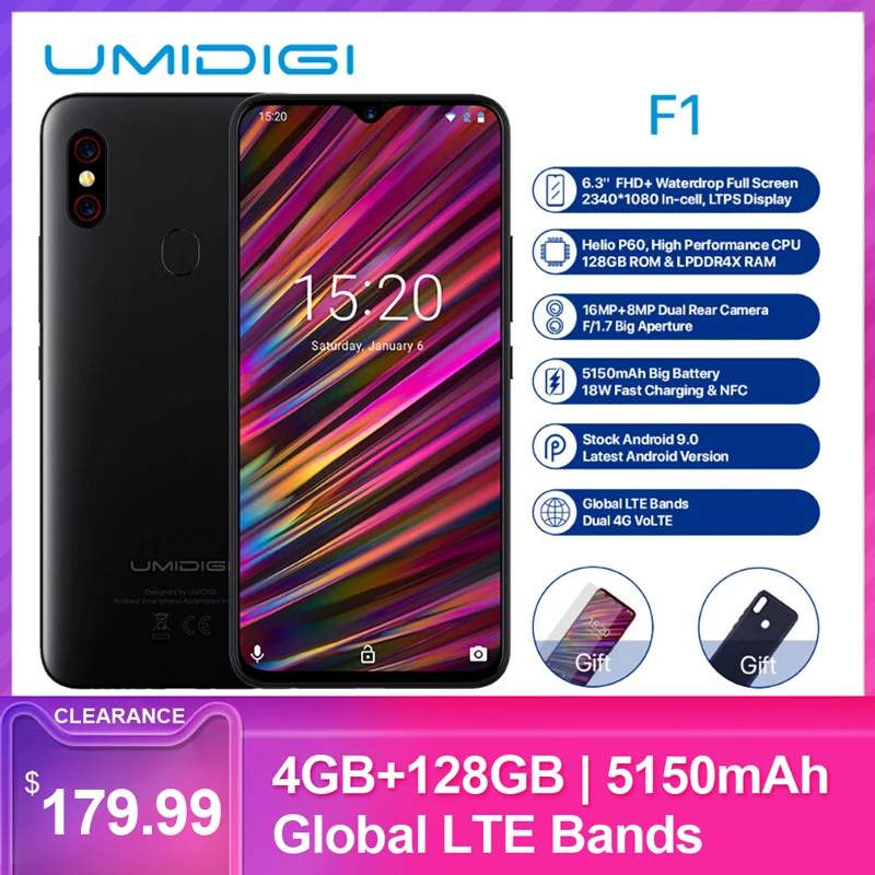 UMIDIGI F1 мобильный телефон Android 9,0 6,3 дюймов FHD+ 128 Гб rom 4 Гб ram Helio P60 Восьмиядерный 5150 мАч Быстрая зарядка NFC 16 МП смартфон