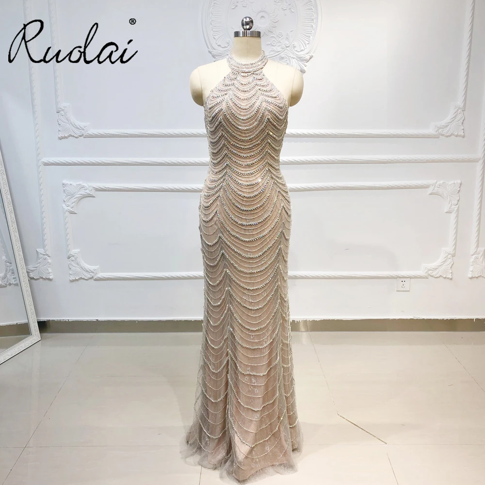 

Luxury Mermaid Evening Dresses Long 2019 abendkleider Beads Halter Backless Formal Dress Dubai Party Gown abiye gece elbisesi