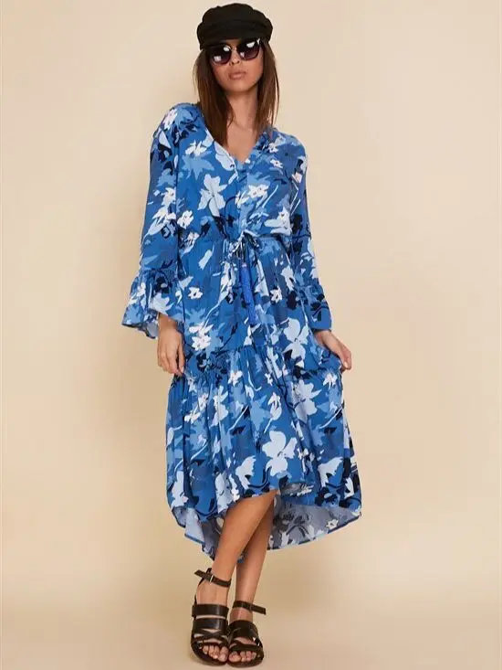 

Tasseled Viscose Fabric Camouflage Patterned Pleated Waist Boho Dress 2021 New Fashion Women's Clothing Blue Green Brown Colors