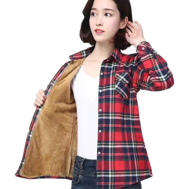 

Ladies Winter Thick Warm Jacket Ladies Plaid Shirt Style Casual Jacket
