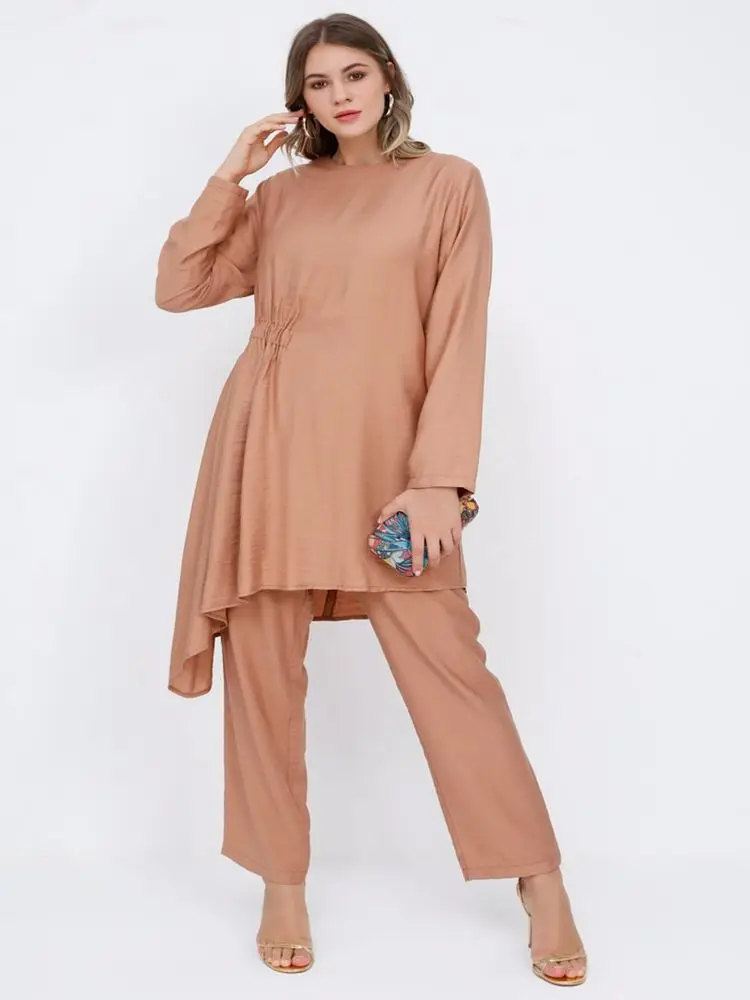 

Plus Size Tunic & Trousers Double Suit Crew Neck Asymmetric Wide Fit Muslim Fashion Hijab Designer Clothes Kaftan Dubai