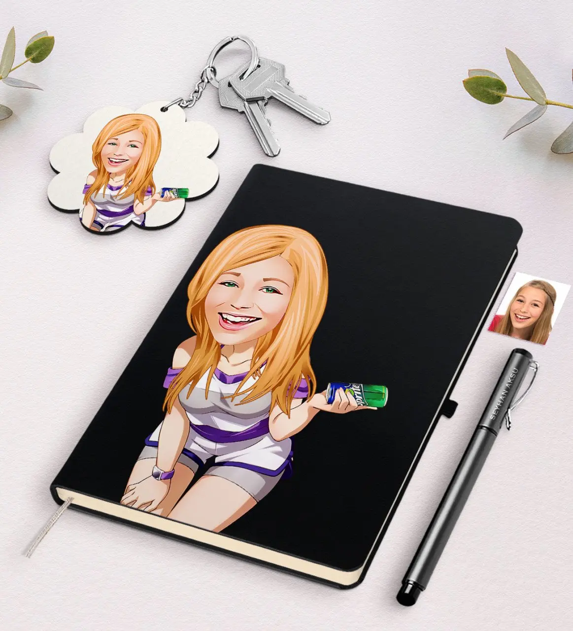 

Personalized Women 'S Caricature Of Black Notebook Pen And Keychain Gift Seti-36