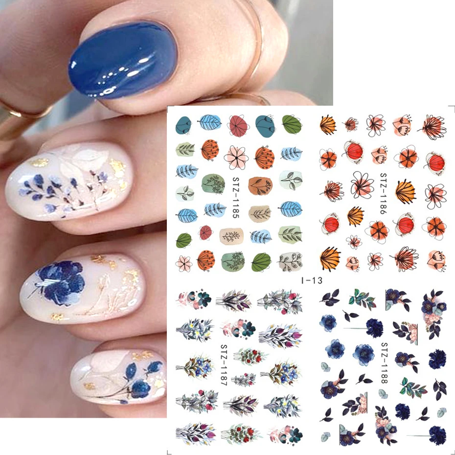 4pcs Blue Flowers Stickers Summer Nail Art Decoration Green Leaves Creative Color Block Water Sliders For Nails Manicure NLI-13