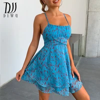 diwu vintage blue floral print sexy sling dress women summer chiffon short dress holiday beach sundress vestido sundress