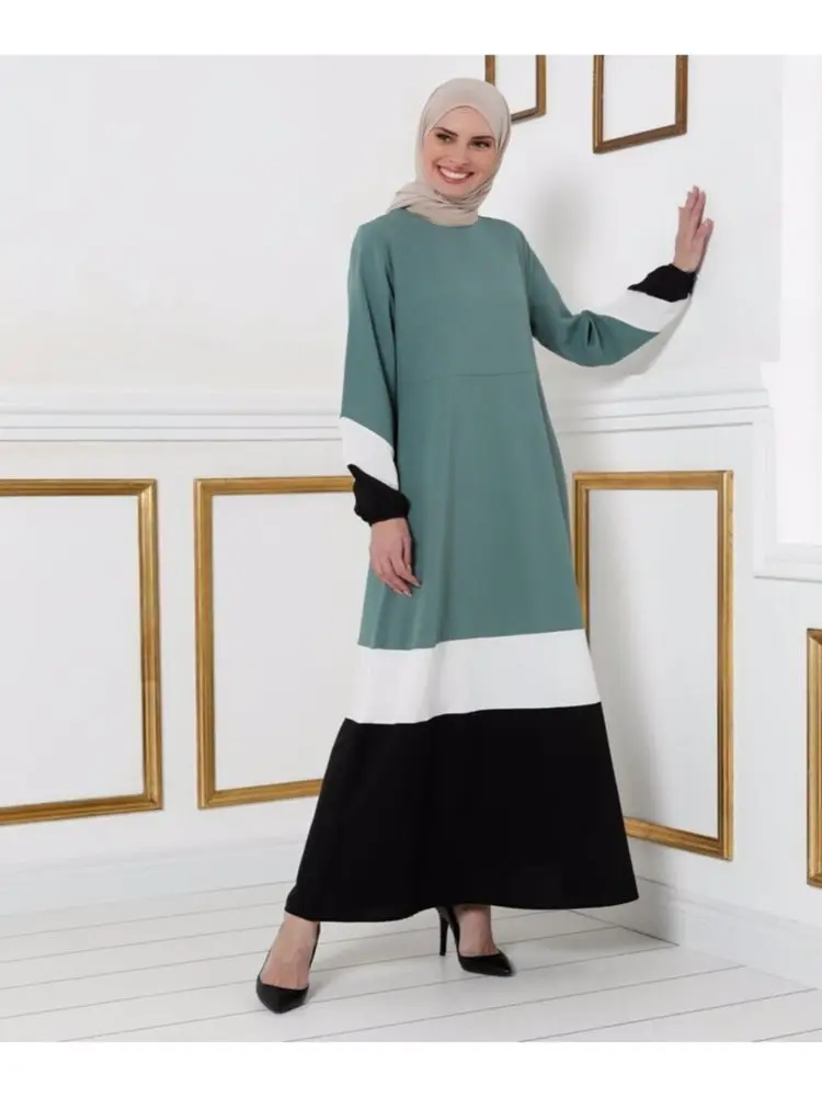 

Belted Color Block Maxi Dress without lining Neck Long Sleeve Length Casual Dresses Women's Fashion Muslim Hijab Turkey to Dubai