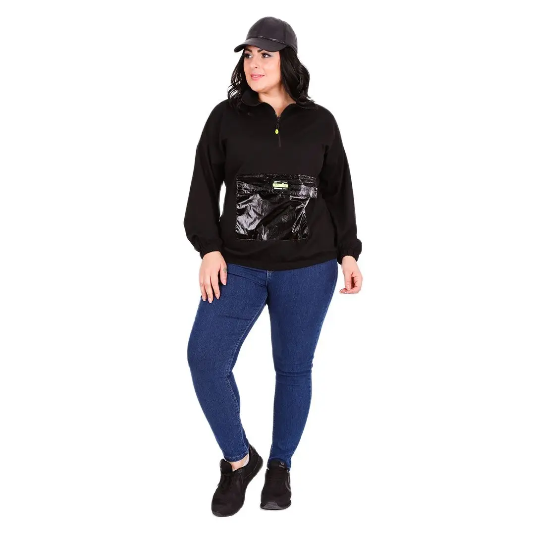 Women’s Plus Size Kangaroo Pocket Detail Black Zipper Sweatshirt, Designed and Made in Turkey, New Arrival