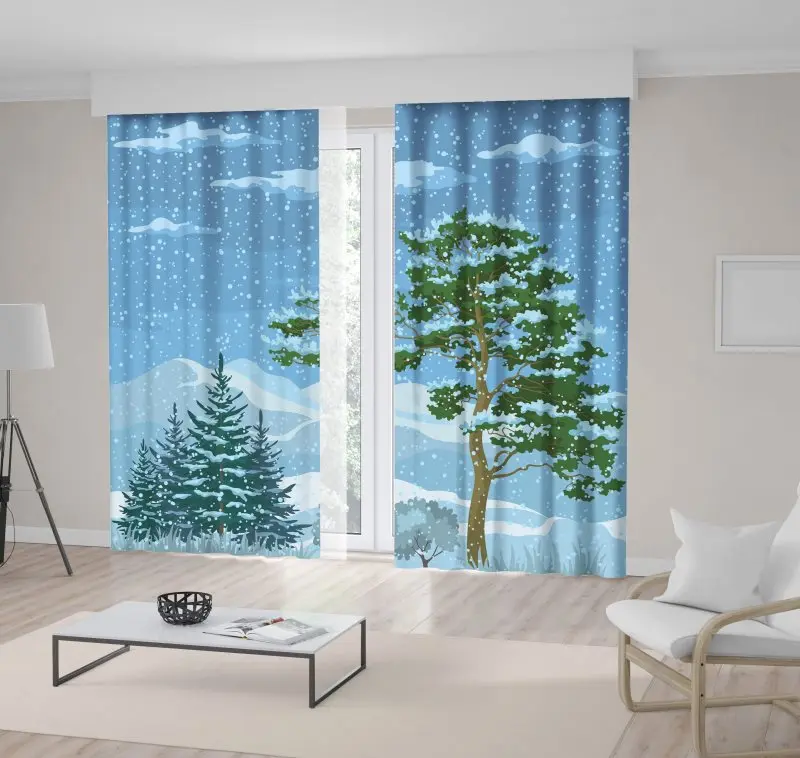 

Curtain Winter Mountain Landscape with Pine Trees Firs Green Grass and Blue Sky with Snow and Clouds Printed