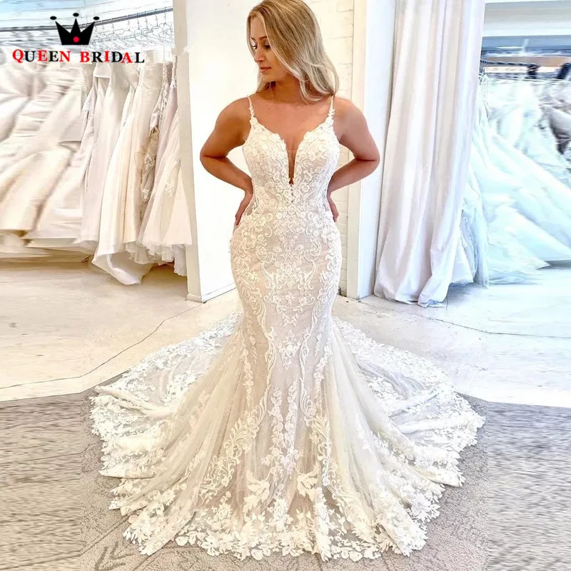 

Mermaid Floor Length Tulle Lace Appliques Sexy Elegant Wedding Dress Long Formal Bride Dresses Custom Made DJ14