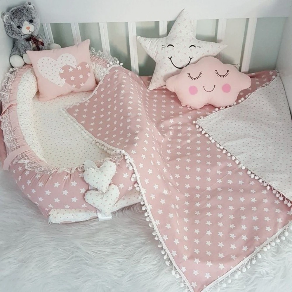 Jaju Baby Handmade Pink Star, Pompom Pike Luxury Orthopedic Baby Nest and 5 Piece Bedding Set Mother Side Portable Baby Bed