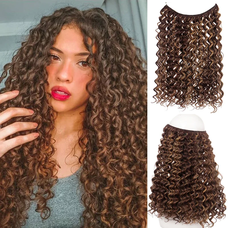 TaLang Synthetic  Invisible  Synthetic Clip In Curly Hair Extensions One Piece Wave Long Wavy Heat Resistant Black Blonde Dark B