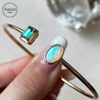 aazuo 18k pure yellow gold natural blue opal emerald geometry round opening bangle gifted for women girl friend valentines day