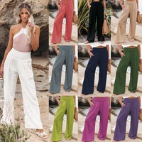 summer oversized wide leg pants women vintage cotton linen palazzo fashion long trousers casual elastic waist solid pantalon 5xl