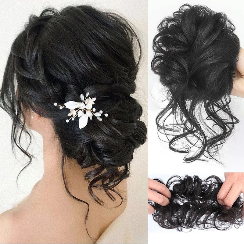 Human Hair Bundles Chignon Messy Curly Hair Bun Band Elastic Scrunchy False Hair Pieces Hairpins Black Wigs For Women Human Hair