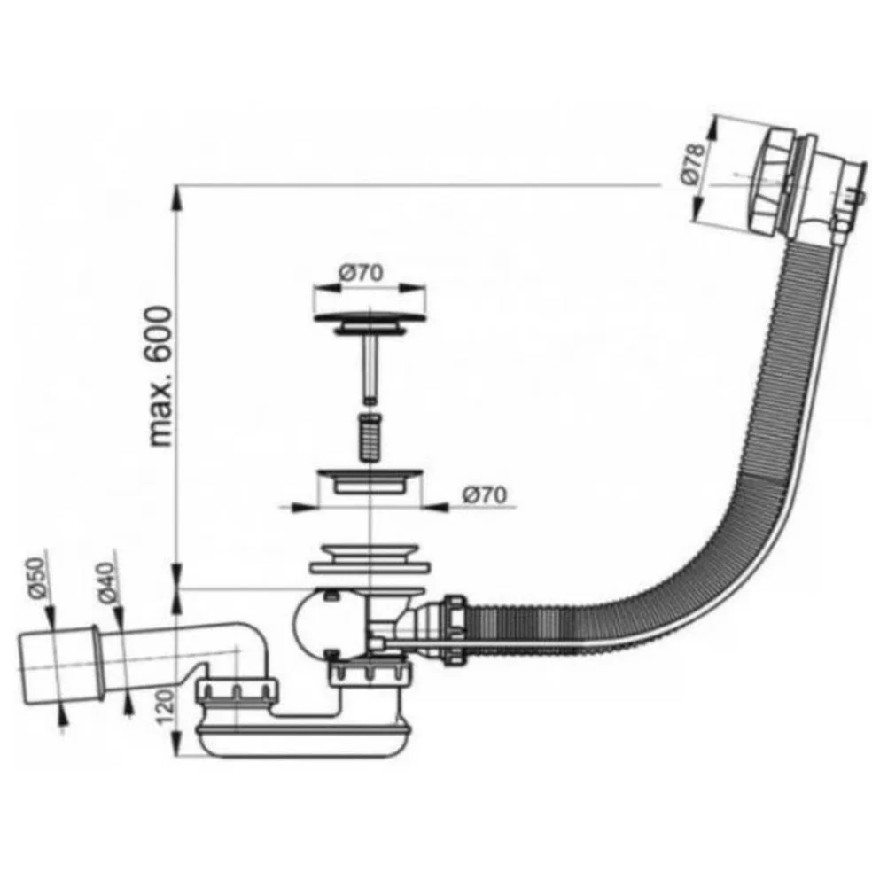 Drain siphon with overflow for the Bath lining in color black matte. Strapping a bath semi-automatic wire rope hydraulic shutter. |