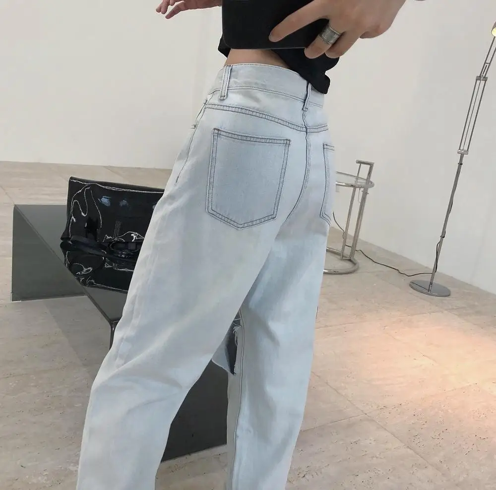 woman straight long jeans with hole