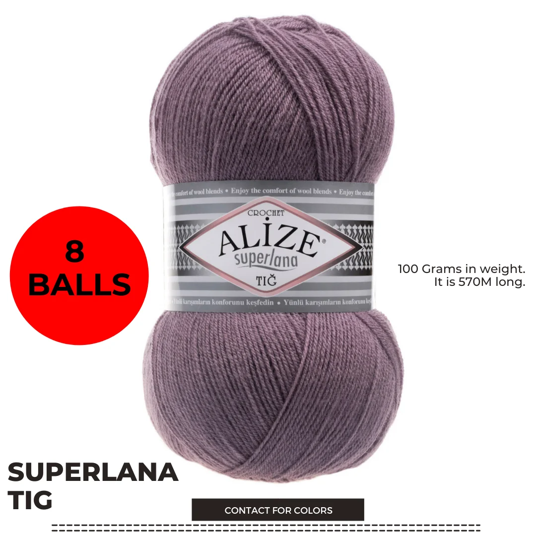

Alize Superlana Tig Yarn 8 Pcs Crochet Yarn Wool blend Yarn 25% Wool 75% Acrylic Acrylic Classic yarn Superlana Tıg