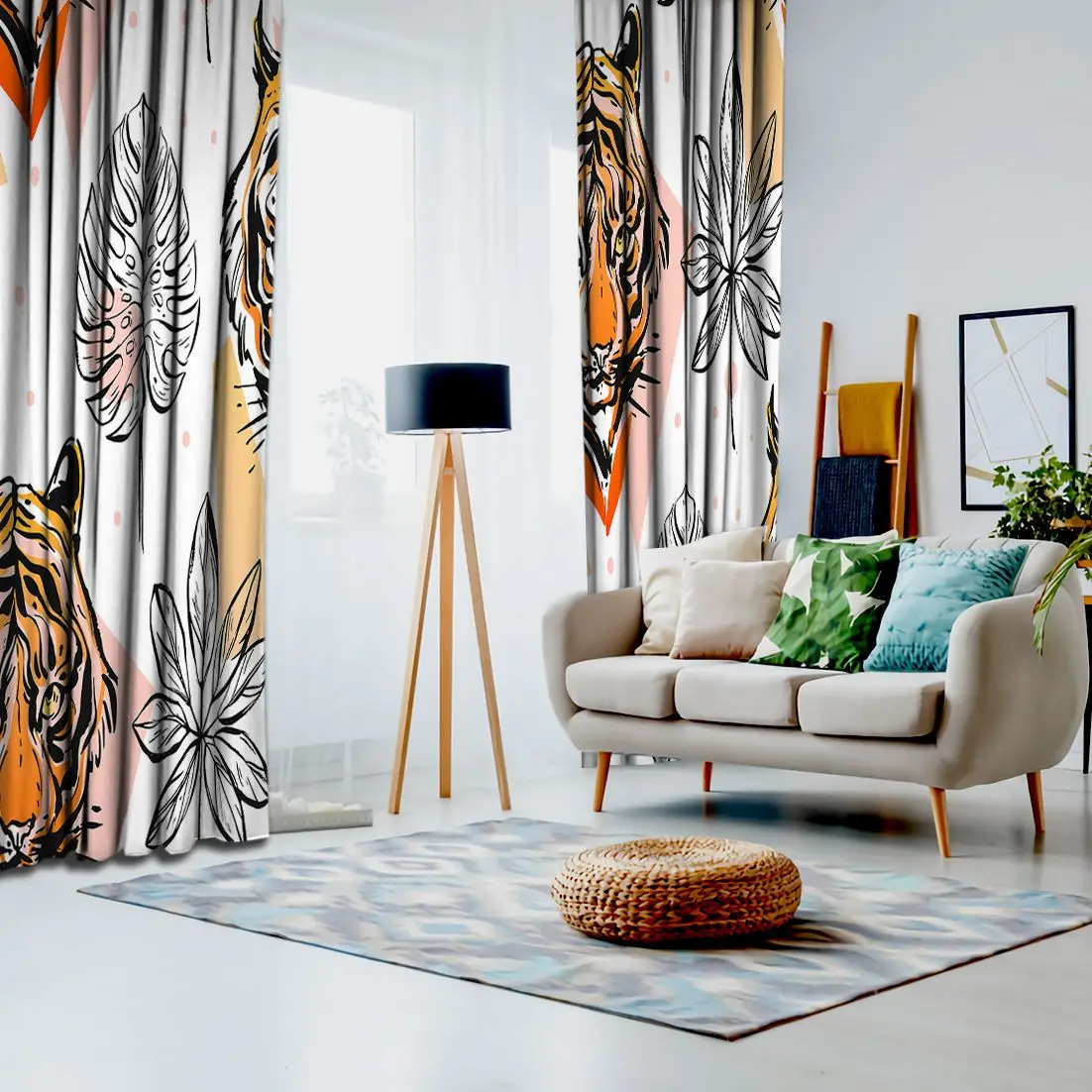 Занавеска с тигром и тропическим растением листья экзотические дикие животные