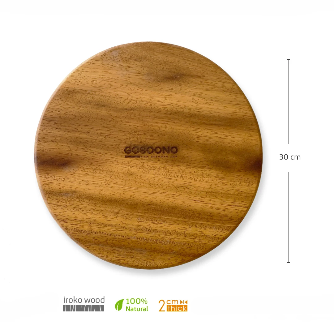 

Wooden Round Pizza Cutting Board Serving Plate Iroko Wood Presentation Tray Breakfast Sushi Snack Bread Dessert Cake Steak Beef