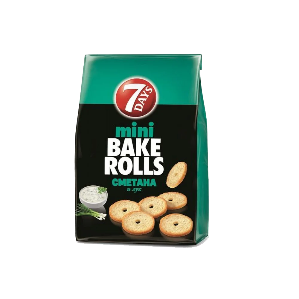 Сухарики мини 7DAYS Bake Rolls с приправой сметана и лук 80г 10 упаковок|Крекеры хлеб| |