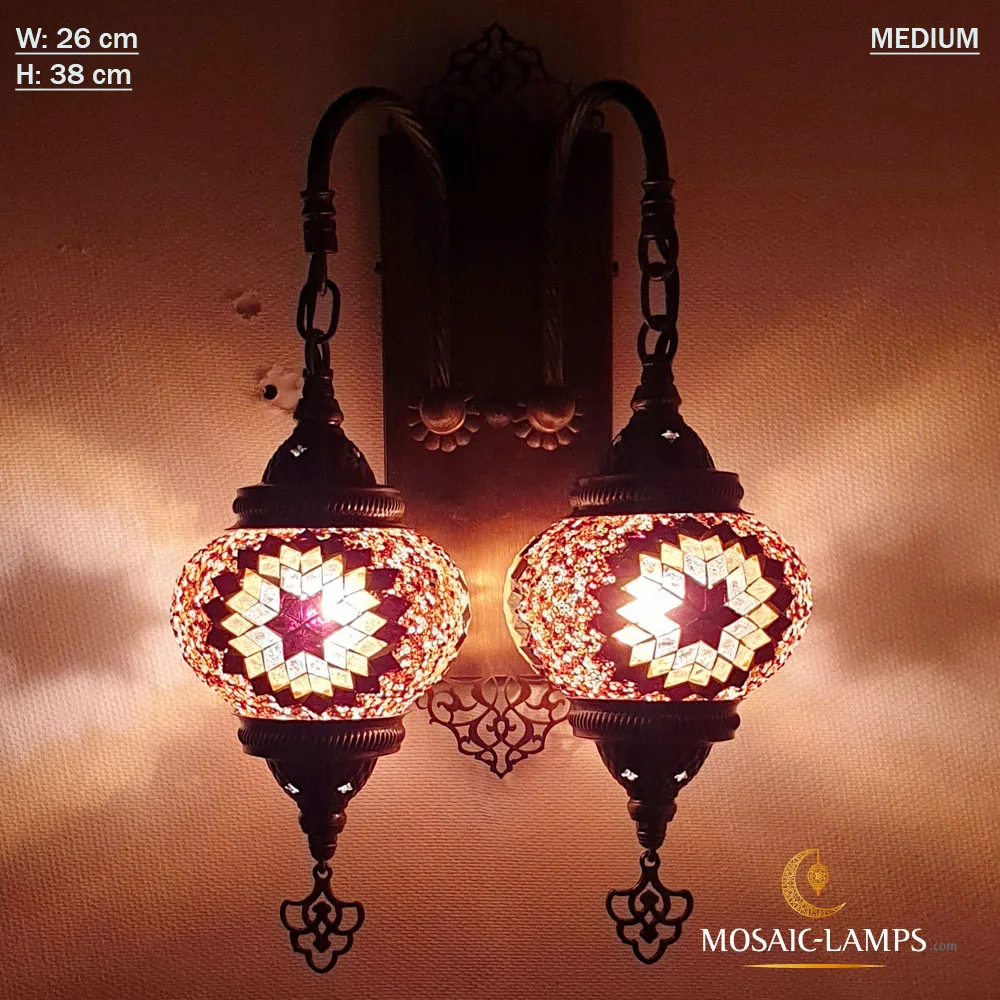 

2 Globe Laser Wall Sconce, Turkish Mosaic, Moroccan Double Wall Lamp - Medium