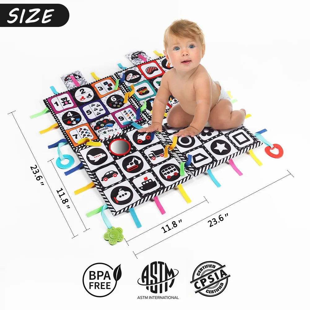 

teytoy Tummy Time Floor Mirror, Double High Contrast Pat Activity Mat Black and White Baby Crinkle Toys with Teether -Pack of 4