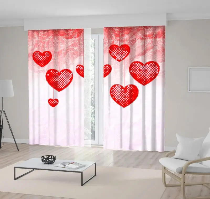 

Curtain Hanging Loving Hearts on Floral Background Geometric Decorative Stylized Artwork Red White