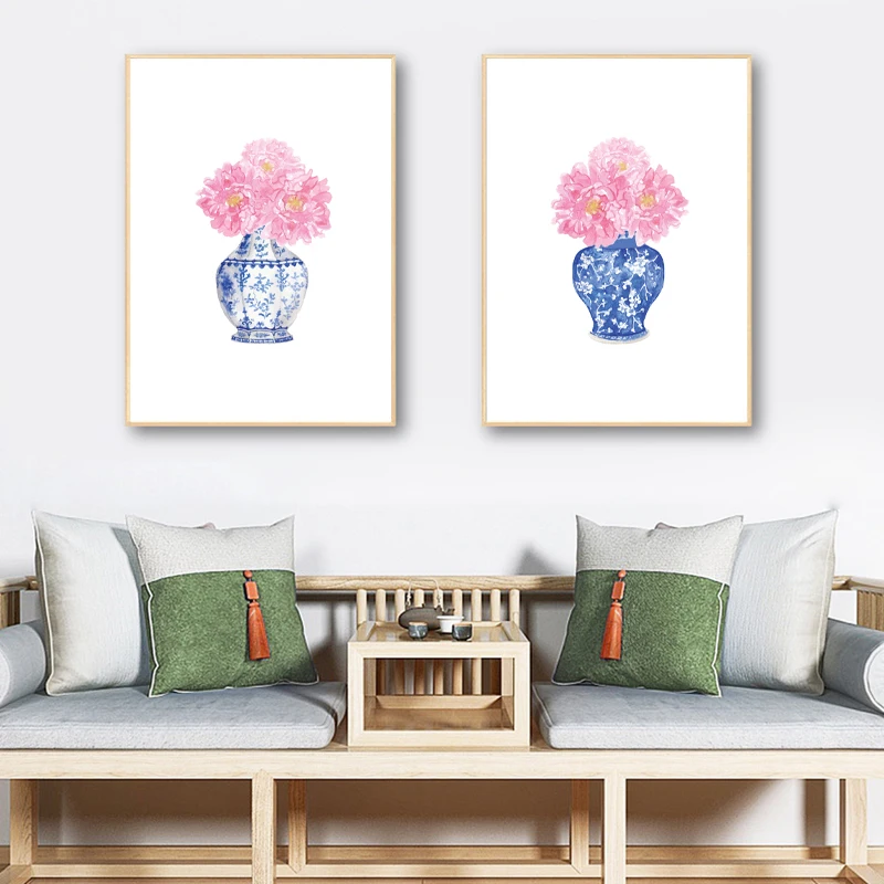 Акварельные пионы китайские вазы Картина на холсте сине-белая фарфоровая ваза