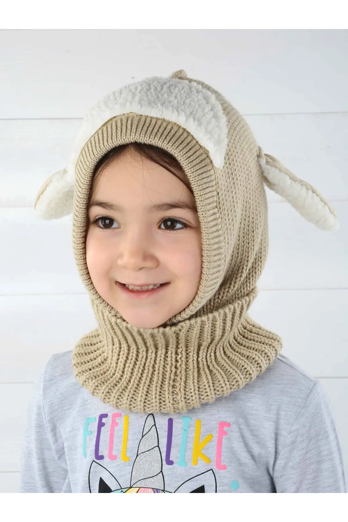Açıkkahverengi girl boy scarf beret with lamb ears 1-7 old compatible cute pattern |