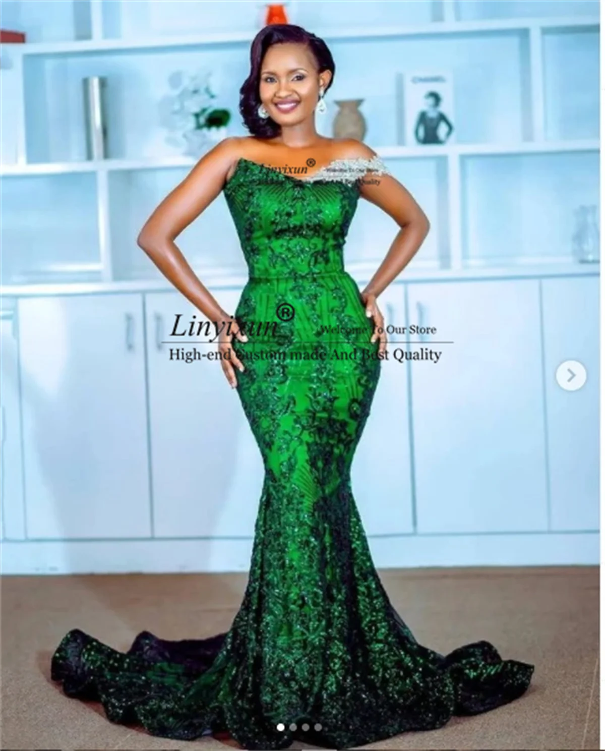 

Sparkly Green Mermaid Prom Dresses With Appliques Sequein Lace Formal Evening Gowns Court Train Abendkleider Robes de soirée