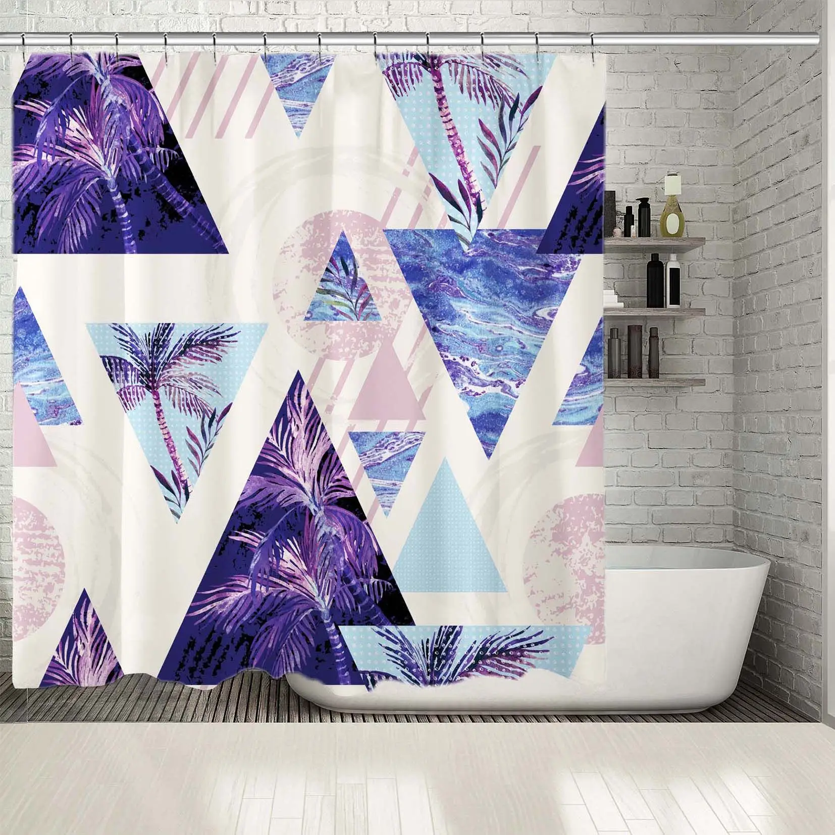 Занавески для душа круглые треугольники с листом пальмы мраморная яркая пляжная