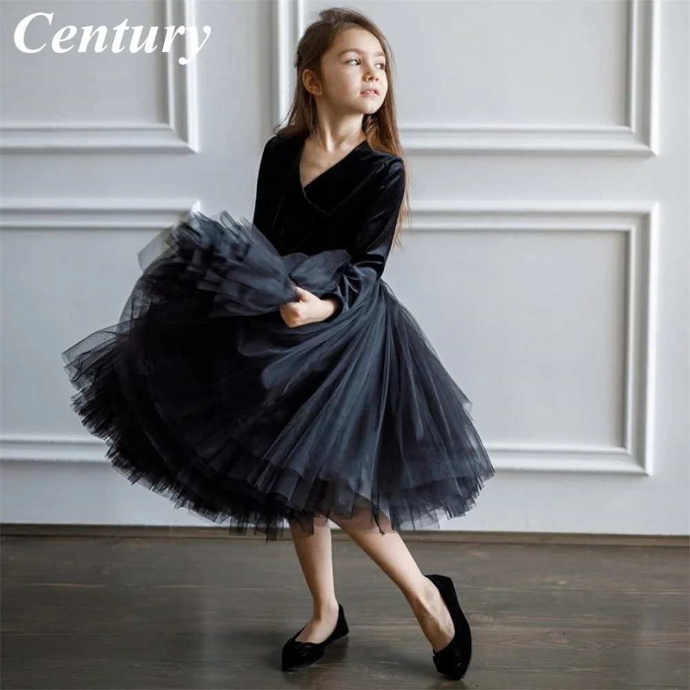 

Century Black Flower Girl Dress V Neck Wedding Party Dress Tulle Princess Dress Long Sleeves Wedding Girl Dress Baby Girl Dress