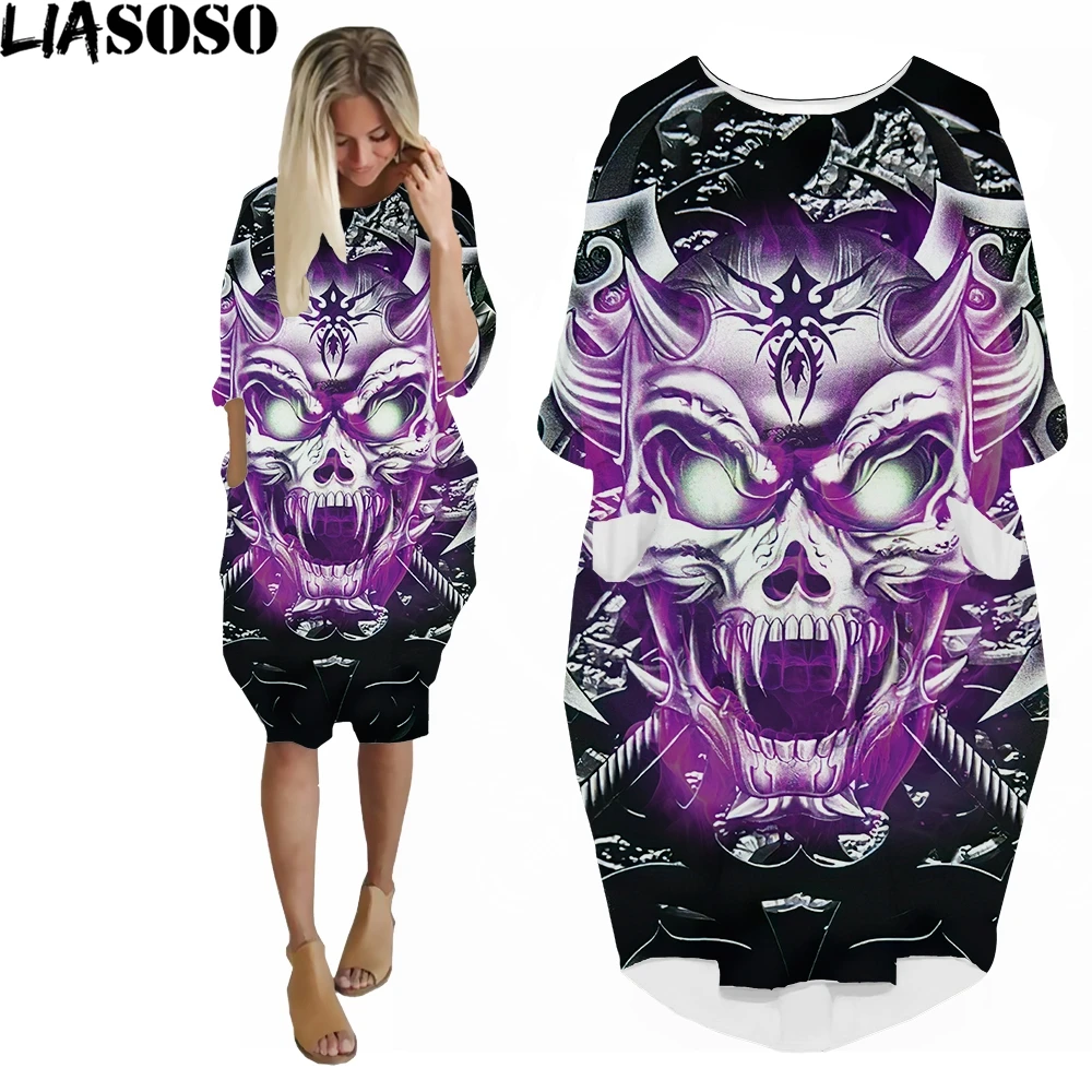 

Женское свободное платье с длинным рукавом, принтом в виде черепа