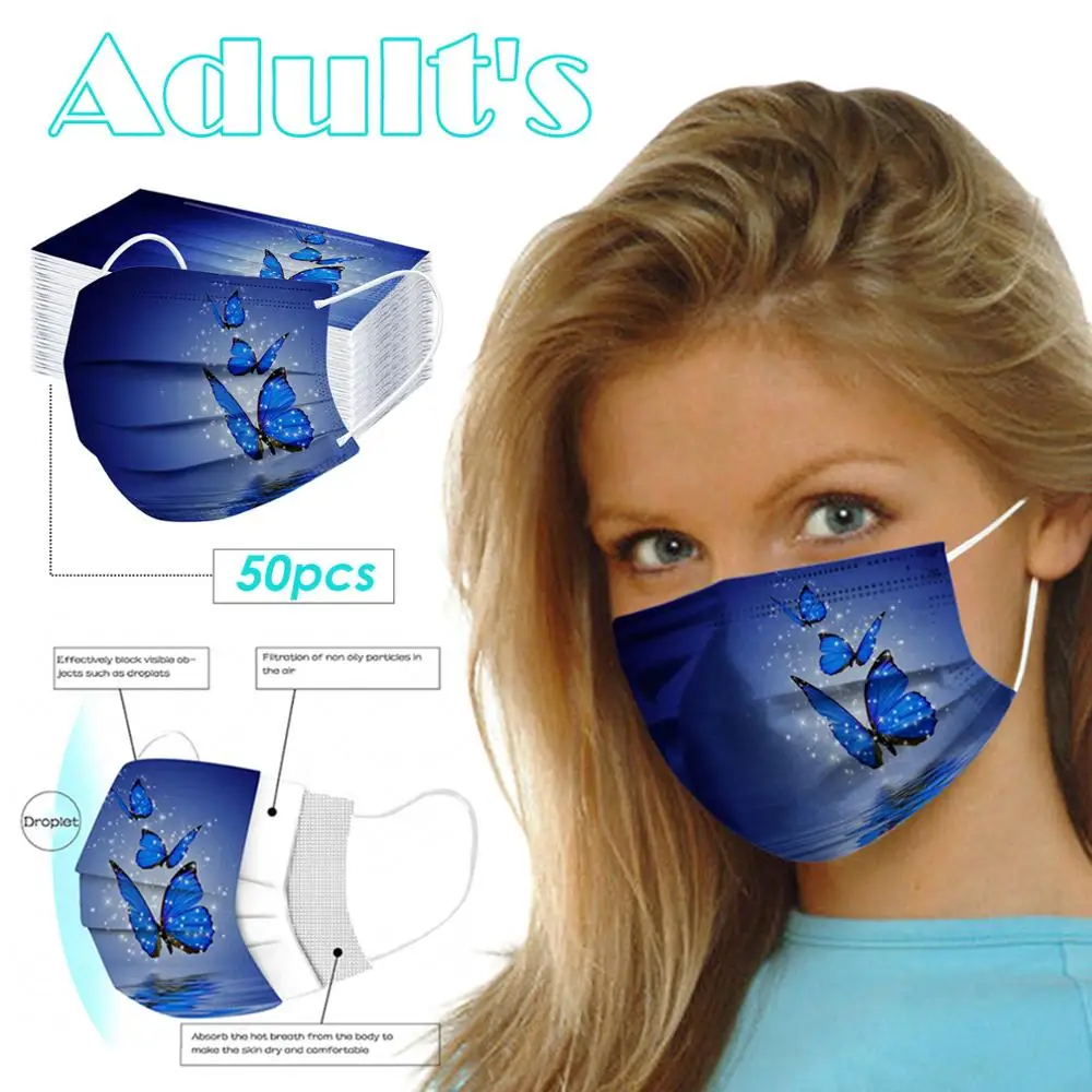 Маски Одноразовые 3-слойные с принтом бабочек 50 шт. |