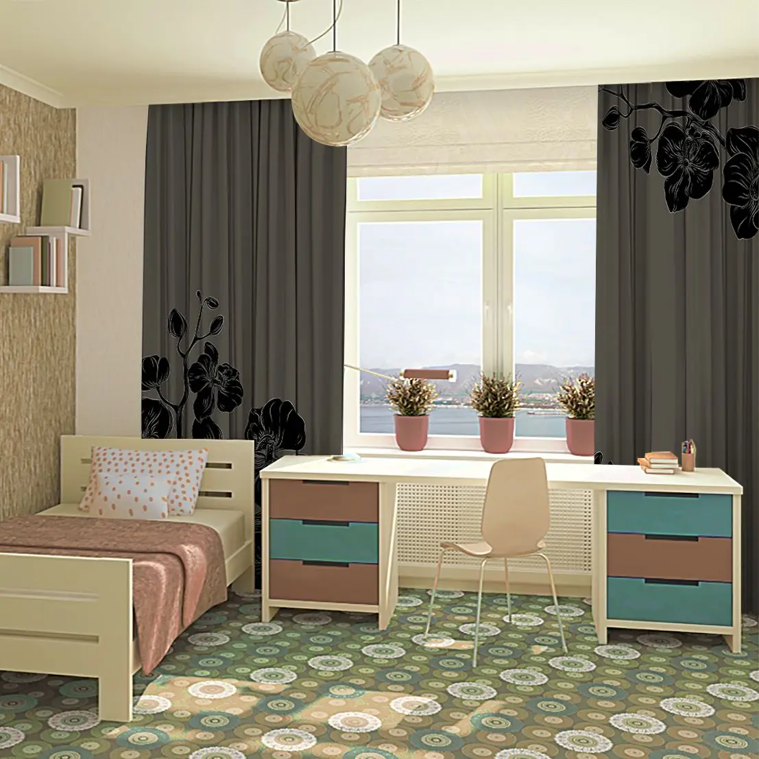 Занавески ветви орхидей букеты цветут романтические монохромные работы