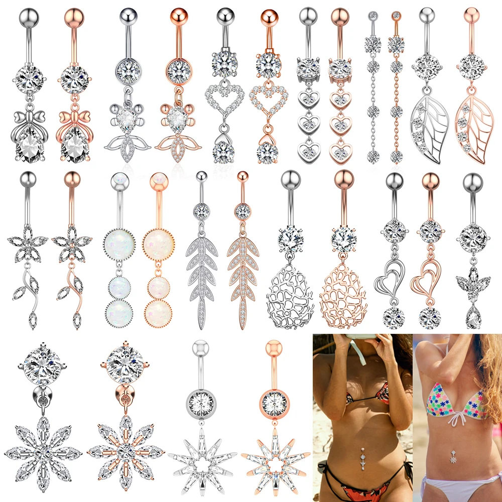 

14G CZ Belly Button Rings Long Dangled Bar Belly Piercing Ring Shinny Crystal Piercing Belly 316L Stainless Steel Body Jewelry